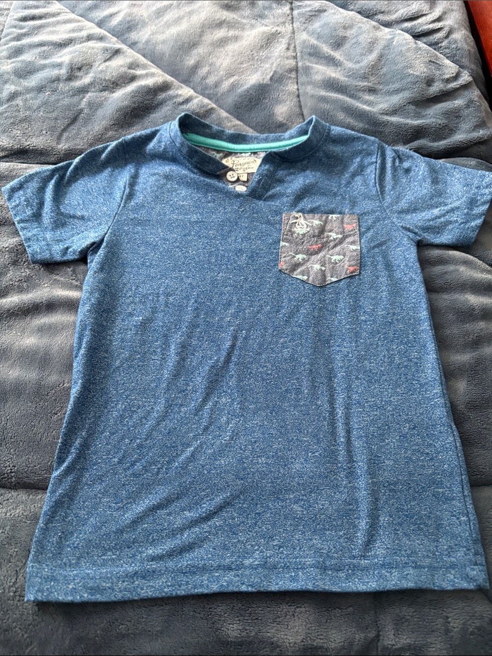 Original Penguin Boys Blue Short Sleeve Tee with Patterned Pocket-Size 4T